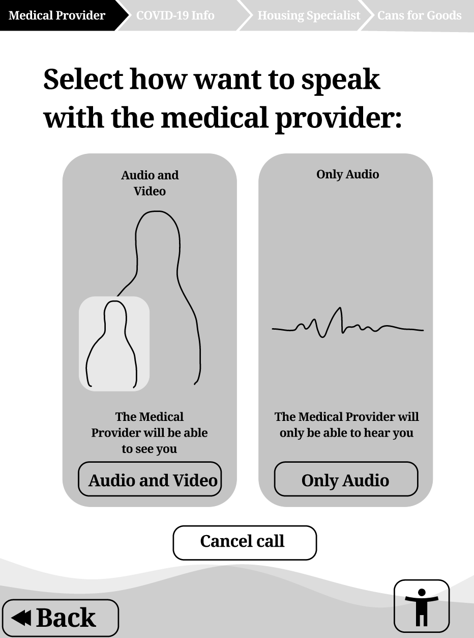 Screen that allows you to select audio or video call with medical provider