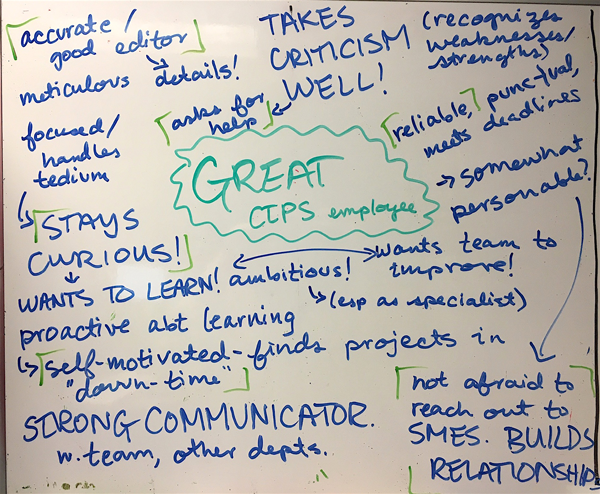 A white board containing a freeform brainstorm of what a GREAT CTPS employee looks like.